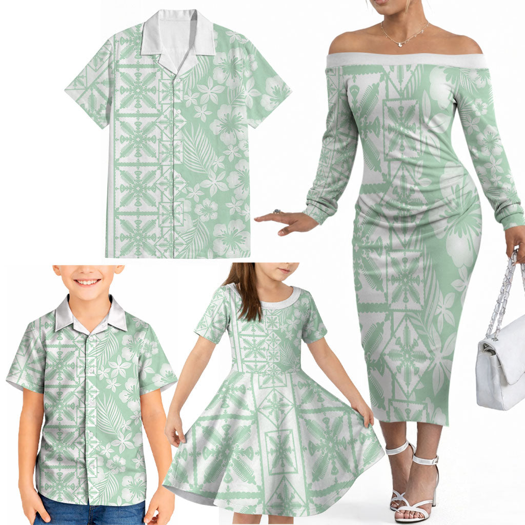 Pastel Green Kahili Quilt Hawaii Family Matching Off The Shoulder Long Sleeve Dress and Hawaiian Shirt Tropical Flower Seamless Half Style LT14 - Polynesian Pride