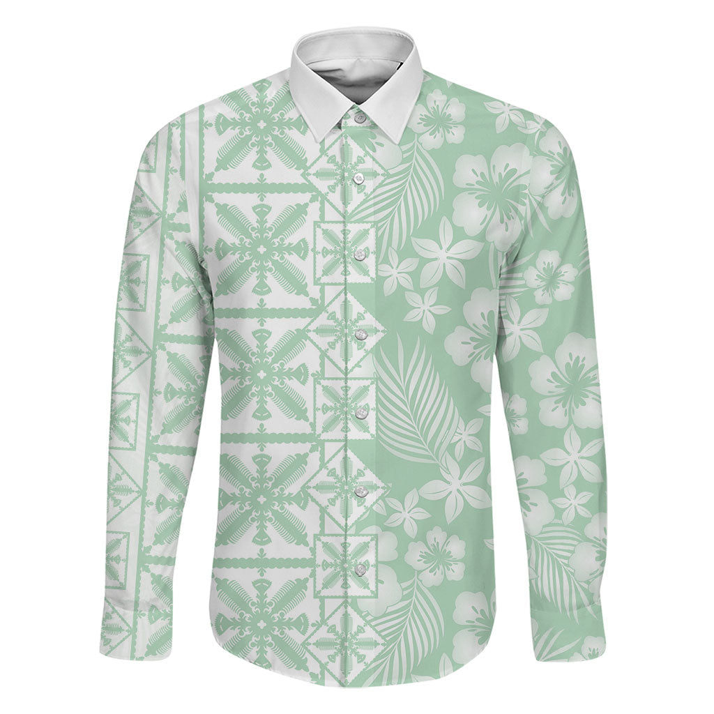 Pastel Green Kahili Quilt Hawaii Family Matching Off Shoulder Maxi Dress and Hawaiian Shirt Tropical Flower Seamless Half Style LT14 Dad's Shirt - Long Sleeve Green - Polynesian Pride