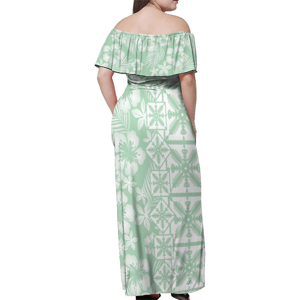 Pastel Green Kahili Quilt Hawaii Family Matching Off Shoulder Maxi Dress and Hawaiian Shirt Tropical Flower Seamless Half Style LT14 - Polynesian Pride