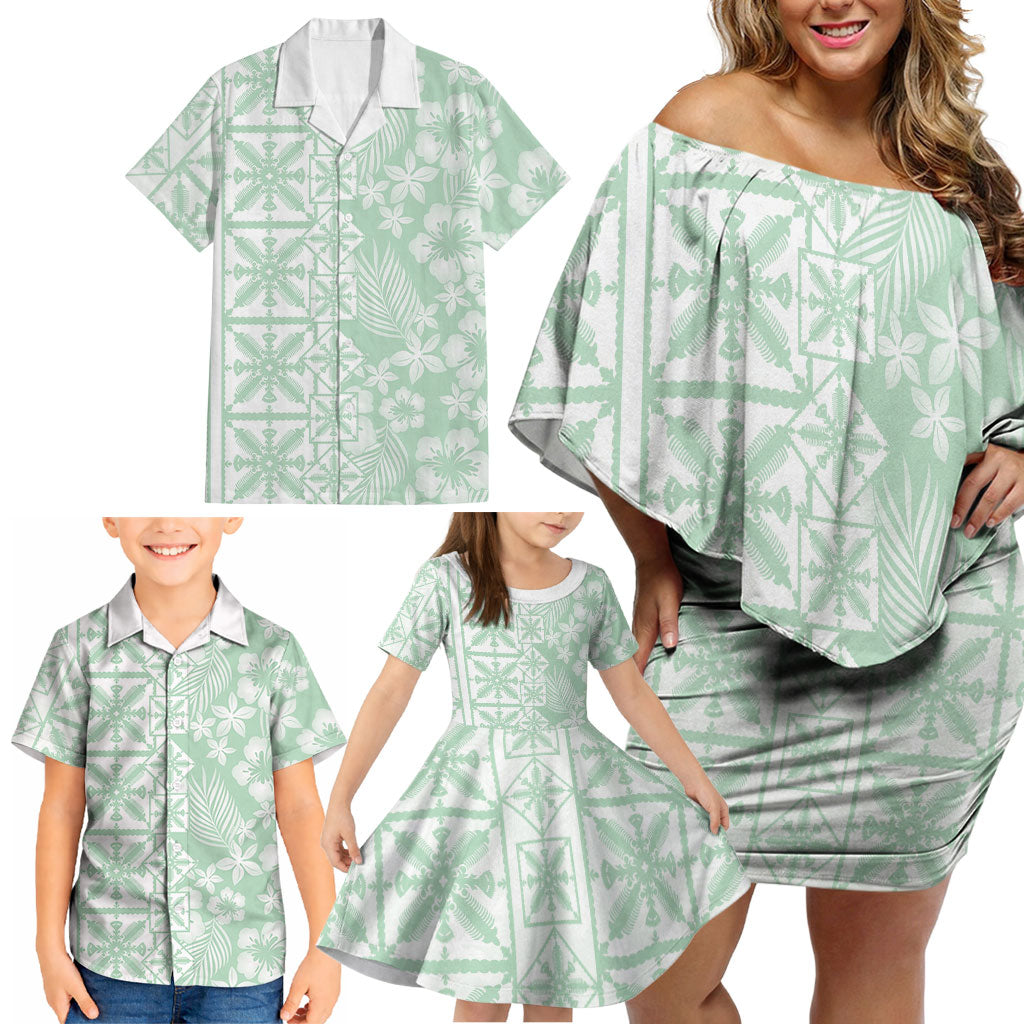 Pastel Green Kahili Quilt Hawaii Family Matching Off Shoulder Short Dress and Hawaiian Shirt Tropical Flower Seamless Half Style LT14 - Polynesian Pride