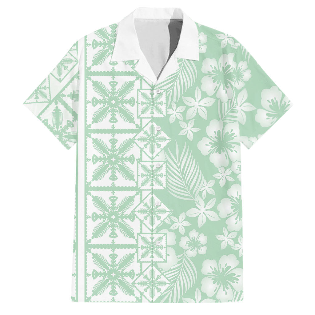 Pastel Green Kahili Quilt Hawaii Family Matching Off Shoulder Short Dress and Hawaiian Shirt Tropical Flower Seamless Half Style LT14 Dad's Shirt - Short Sleeve Green - Polynesian Pride