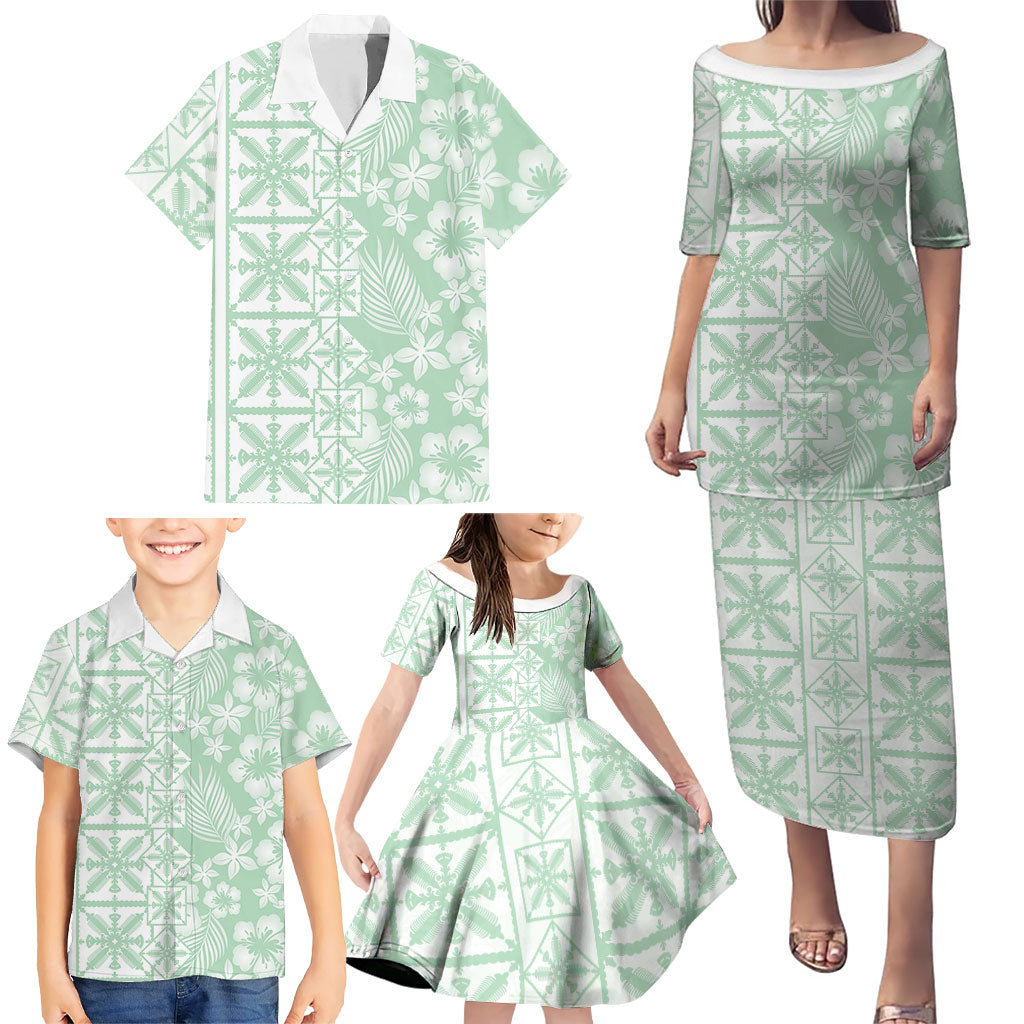 Pastel Green Kahili Quilt Hawaii Family Matching Puletasi and Hawaiian Shirt Tropical Flower Seamless Half Style LT14 - Polynesian Pride