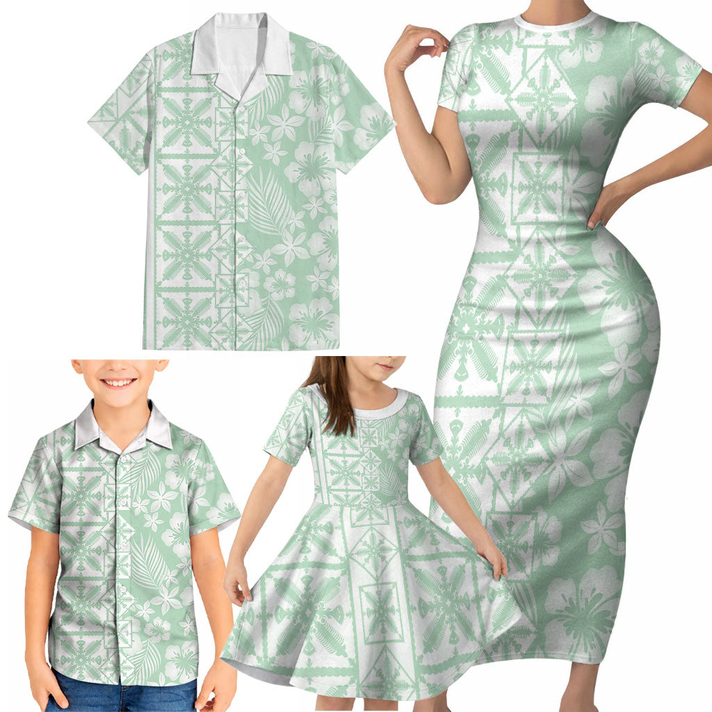 Pastel Green Kahili Quilt Hawaii Family Matching Short Sleeve Bodycon Dress and Hawaiian Shirt Tropical Flower Seamless Half Style LT14 - Polynesian Pride