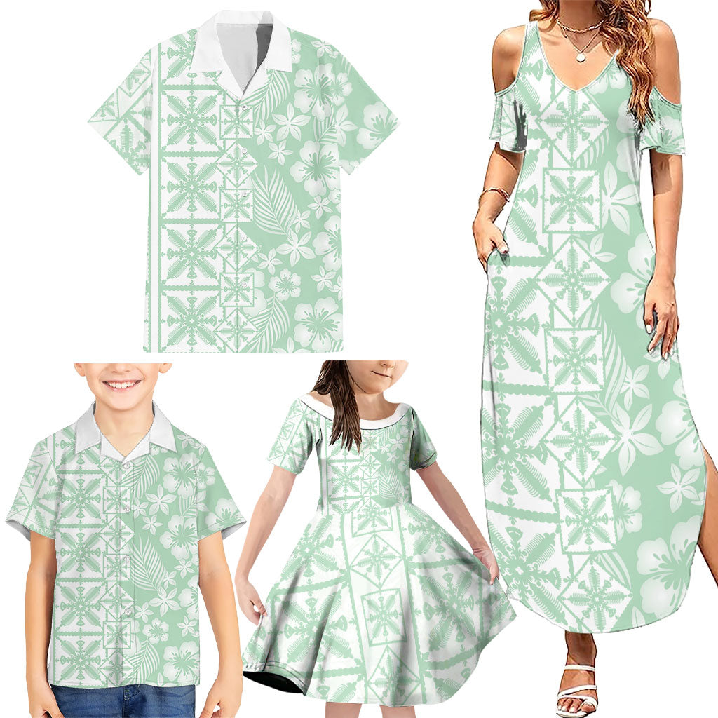 Pastel Green Kahili Quilt Hawaii Family Matching Summer Maxi Dress and Hawaiian Shirt Tropical Flower Seamless Half Style LT14 - Polynesian Pride