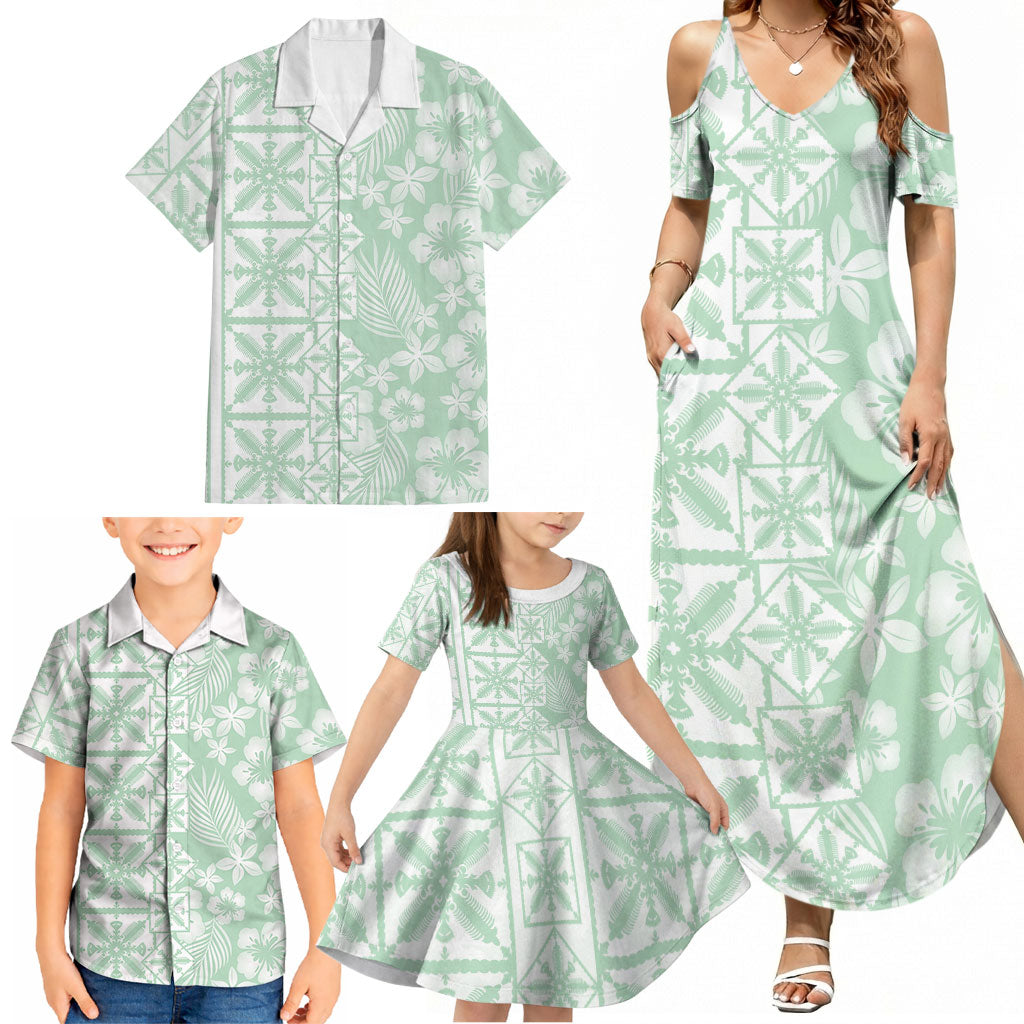 Pastel Green Kahili Quilt Hawaii Family Matching Summer Maxi Dress and Hawaiian Shirt Tropical Flower Seamless Half Style LT14 - Polynesian Pride