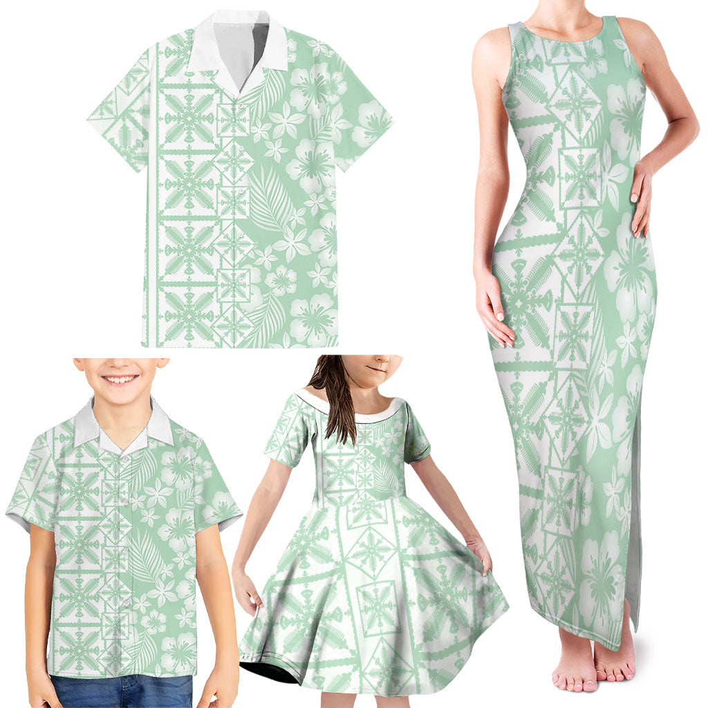 Pastel Green Kahili Quilt Hawaii Family Matching Tank Maxi Dress and Hawaiian Shirt Tropical Flower Seamless Half Style LT14 - Polynesian Pride