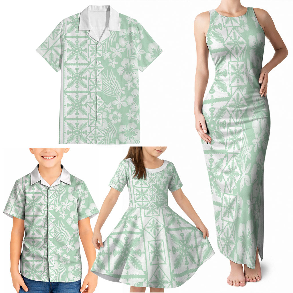 Pastel Green Kahili Quilt Hawaii Family Matching Tank Maxi Dress and Hawaiian Shirt Tropical Flower Seamless Half Style LT14 - Polynesian Pride