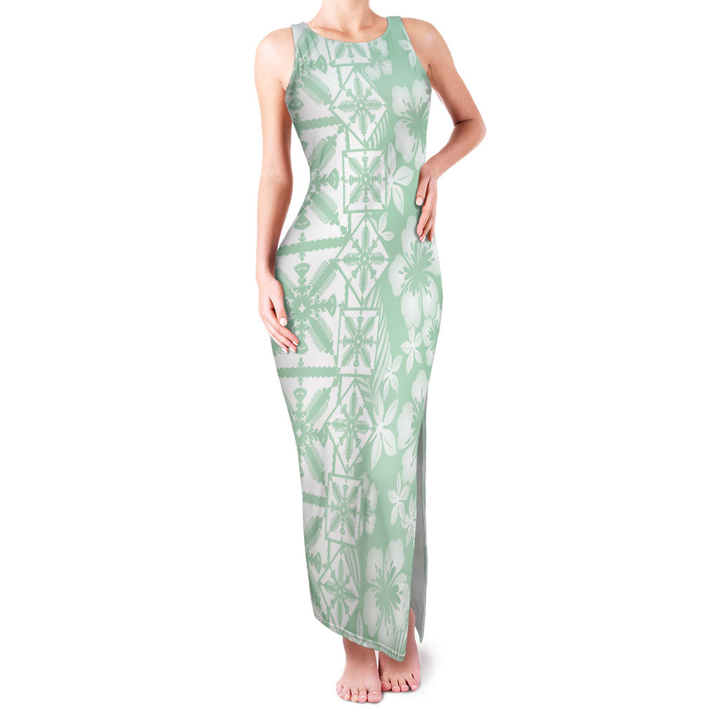 Pastel Green Kahili Quilt Hawaii Family Matching Tank Maxi Dress and Hawaiian Shirt Tropical Flower Seamless Half Style LT14 Mom's Dress Green - Polynesian Pride