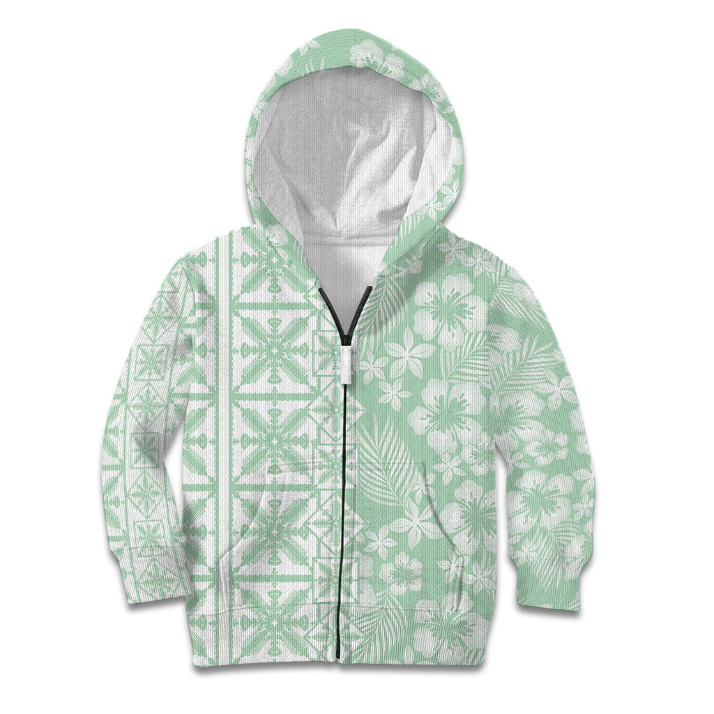 Pastel Green Kahili Quilt Hawaii Kid Hoodie Tropical Flower Seamless Half Style