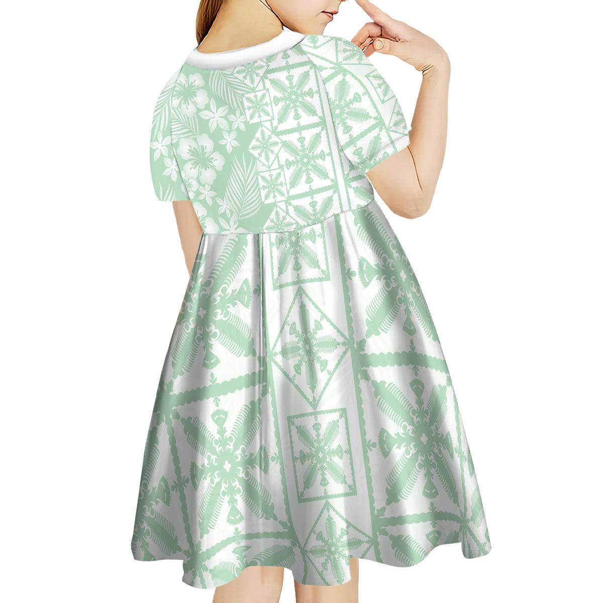 Pastel Green Kahili Quilt Hawaii Kid Short Sleeve Dress Tropical Flower Seamless Half Style