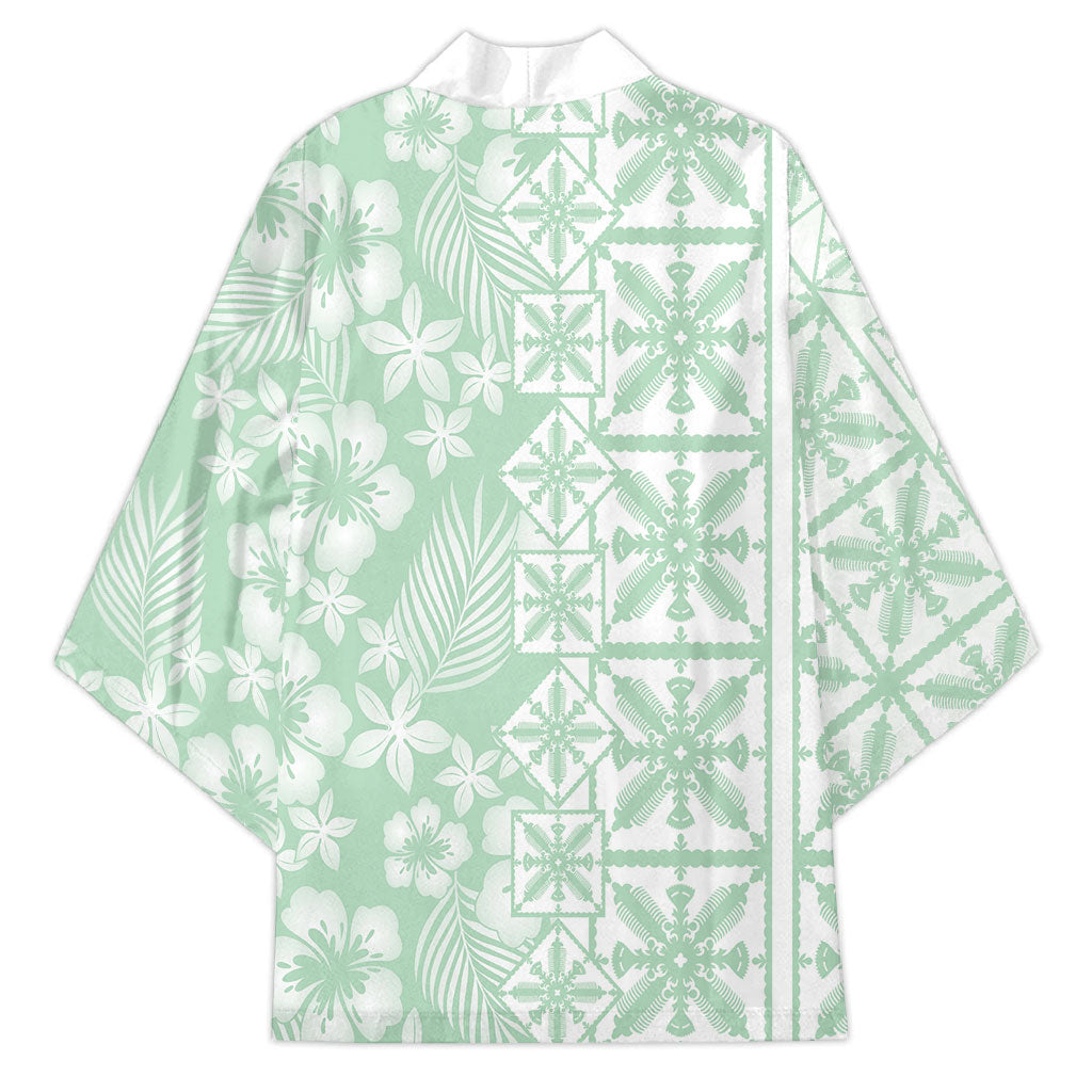Pastel Green Kahili Quilt Hawaii Kimono Tropical Flower Seamless Half Style