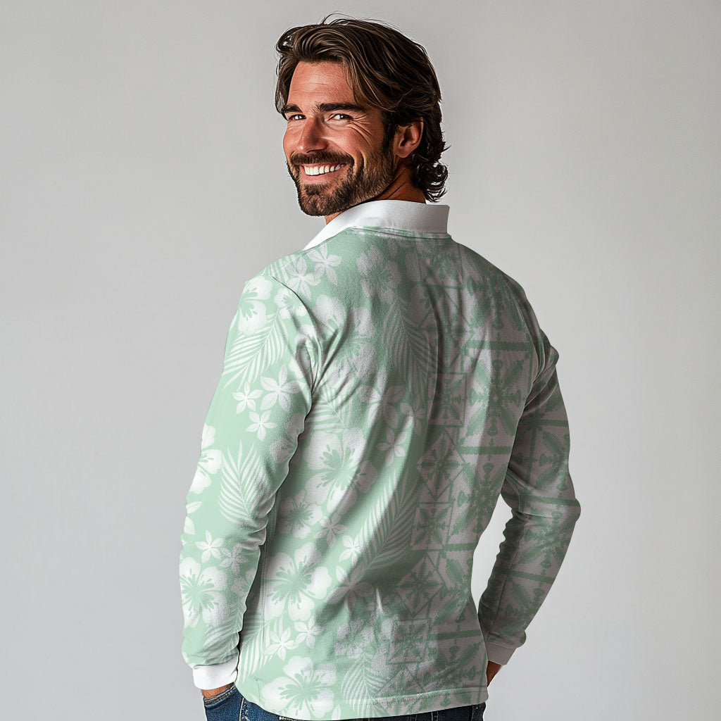 Pastel Green Kahili Quilt Hawaii Long Sleeve Polo Shirt Tropical Flower Seamless Half Style