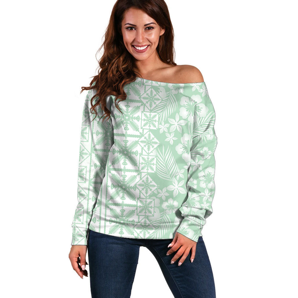 Pastel Green Kahili Quilt Hawaii Off Shoulder Sweater Tropical Flower Seamless Half Style