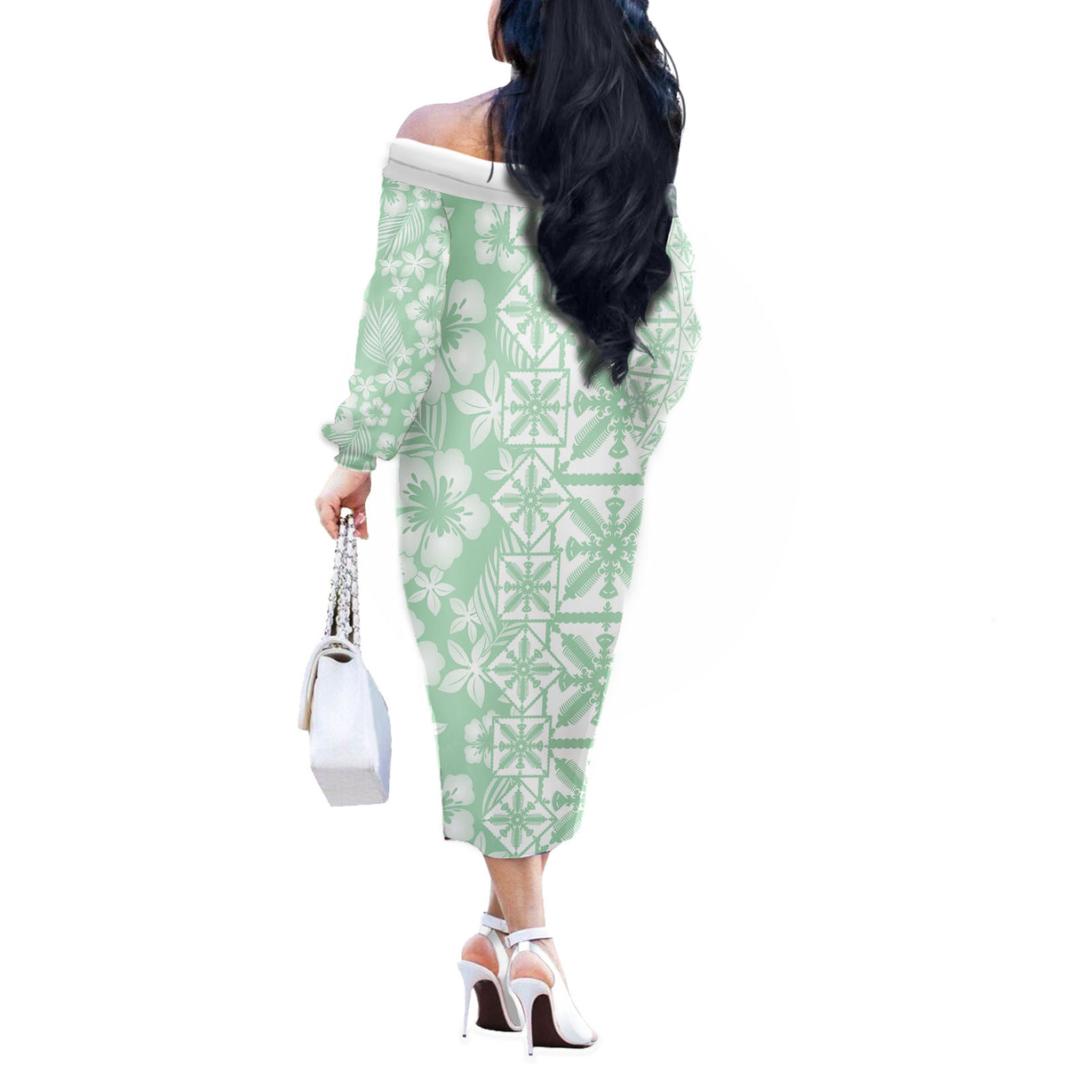 Pastel Green Kahili Quilt Hawaii Off The Shoulder Long Sleeve Dress Tropical Flower Seamless Half Style