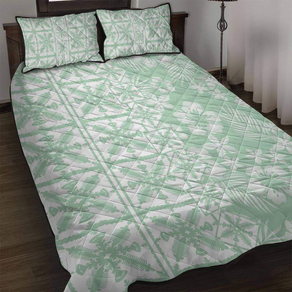 Pastel Green Kahili Quilt Hawaii Quilt Bed Set Tropical Flower Seamless Half Style