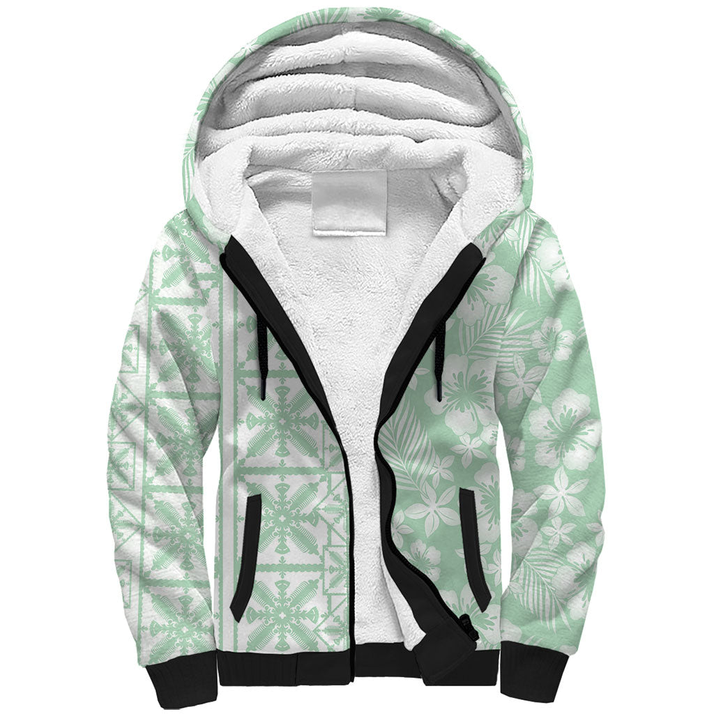 Pastel Green Kahili Quilt Hawaii Sherpa Hoodie Tropical Flower Seamless Half Style