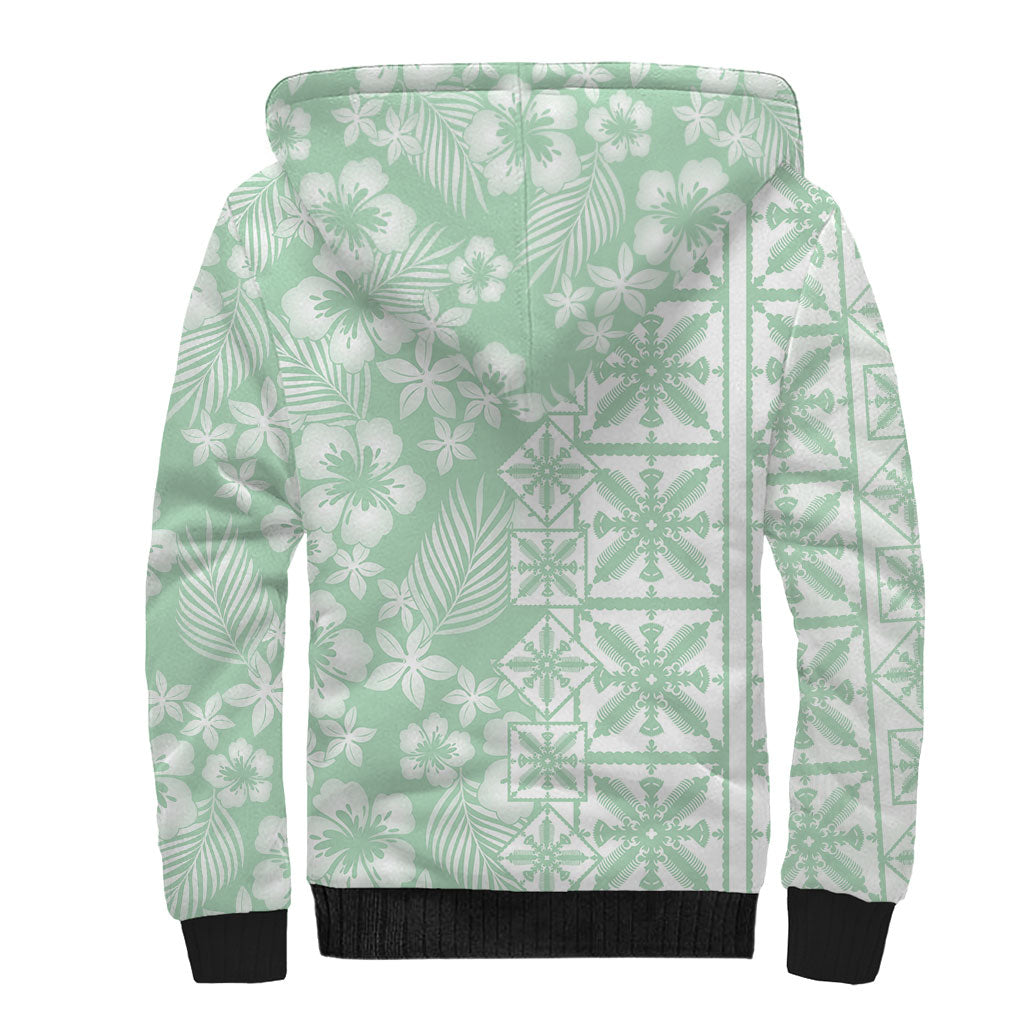 Pastel Green Kahili Quilt Hawaii Sherpa Hoodie Tropical Flower Seamless Half Style