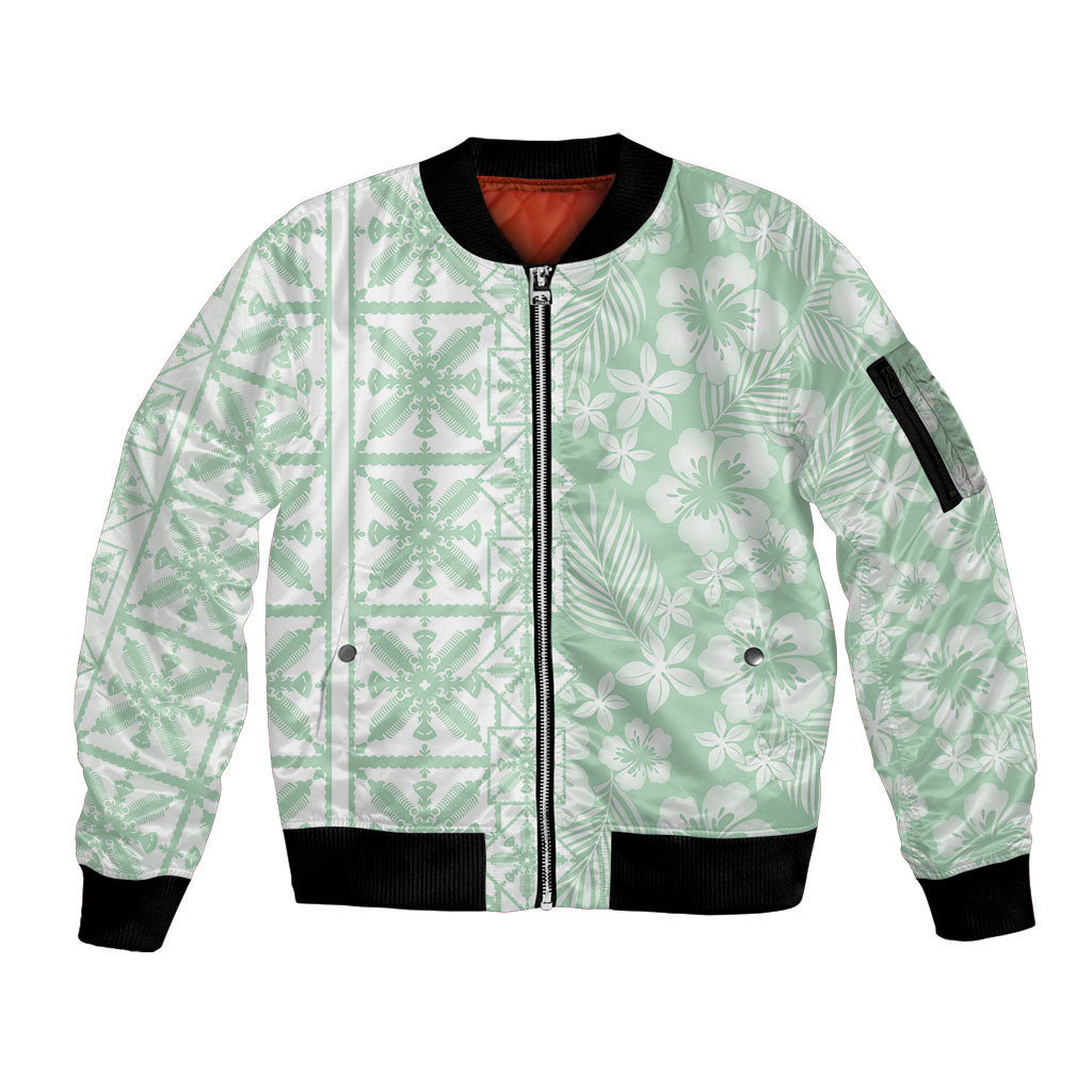 Pastel Green Kahili Quilt Hawaii Sleeve Zip Bomber Jacket Tropical Flower Seamless Half Style
