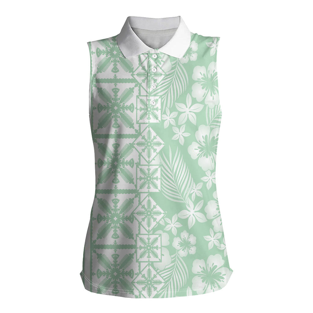 Pastel Green Kahili Quilt Hawaii Women Sleeveless Polo Shirt Tropical Flower Seamless Half Style