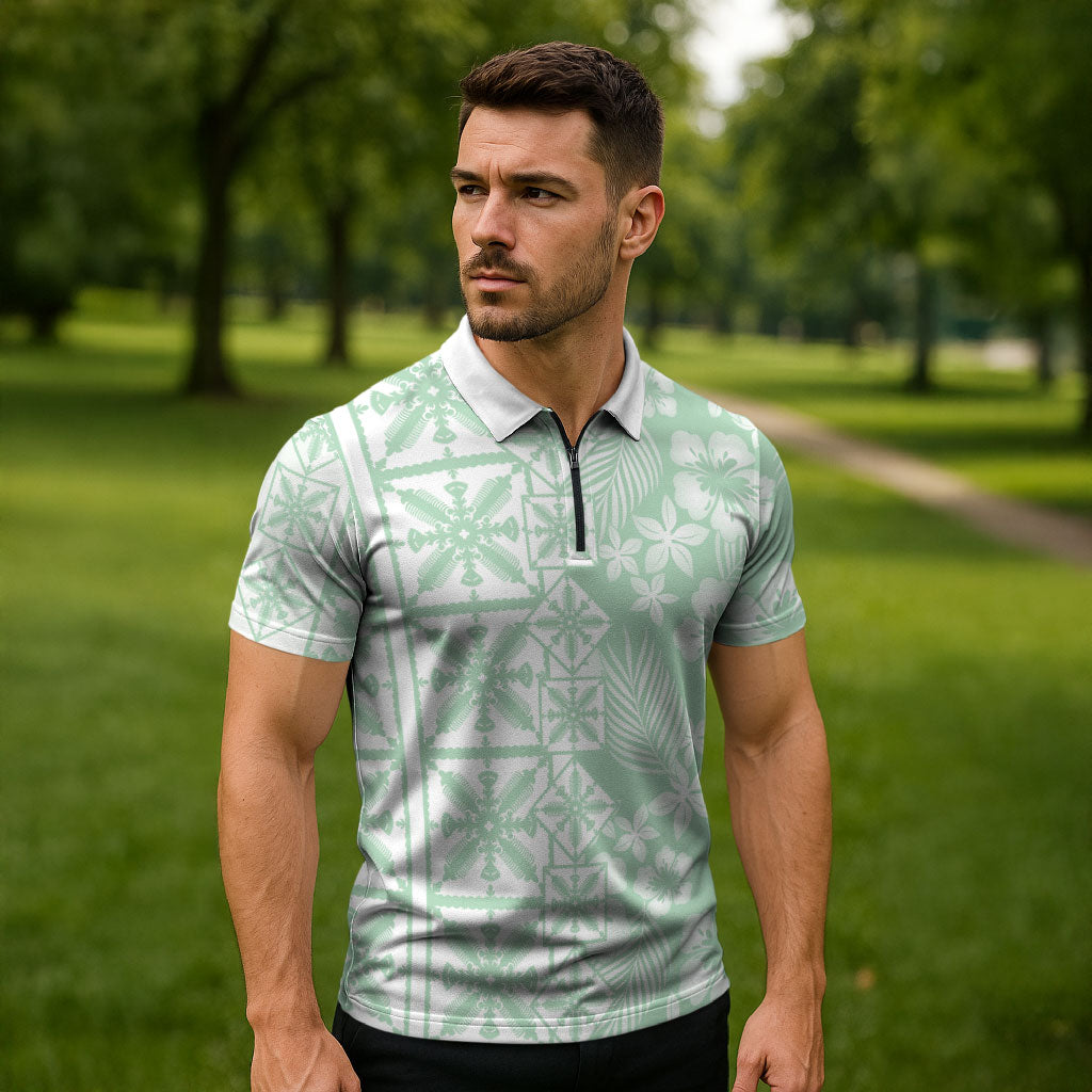 Pastel Green Kahili Quilt Hawaii Zipper Polo Shirt Tropical Flower Seamless Half Style