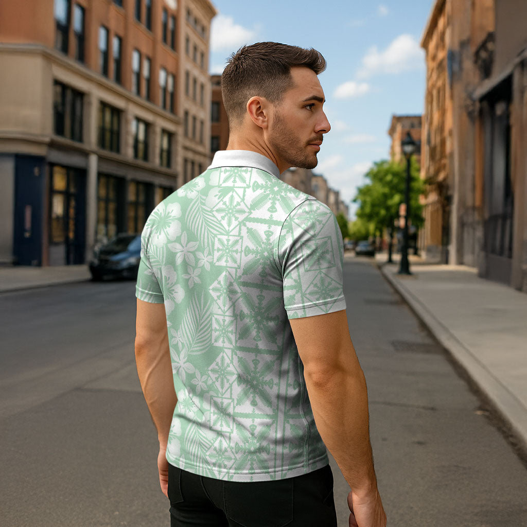 Pastel Green Kahili Quilt Hawaii Zipper Polo Shirt Tropical Flower Seamless Half Style