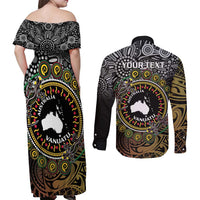 Personalised Australia And Vanuatu Couples Matching Off Shoulder Maxi Dress and Long Sleeve Button Shirt Aboriginal Lizard Polynesia Ni-Van Pig Tusk