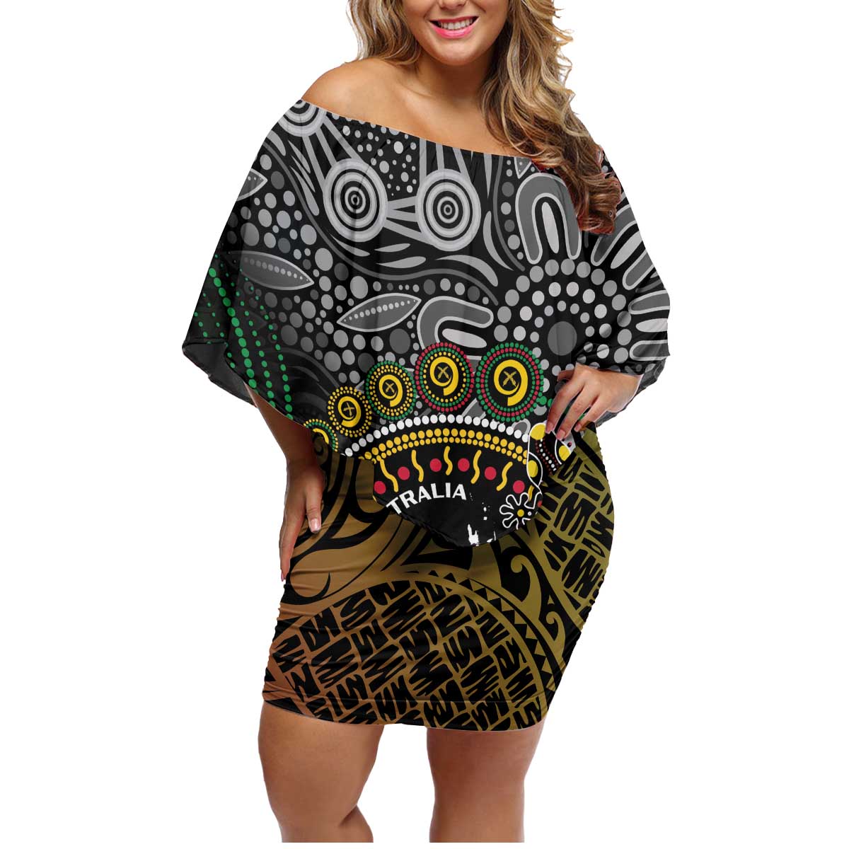 Personalised Australia And Vanuatu Family Matching Off Shoulder Short Dress and Hawaiian Shirt Aboriginal Lizard Polynesia Ni-Van Pig Tusk
