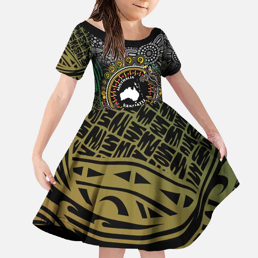 Personalised Australia And Vanuatu Family Matching Short Sleeve Bodycon Dress and Hawaiian Shirt Aboriginal Lizard Polynesia Ni-Van Pig Tusk LT14 Daughter's Dress Black - Polynesian Pride