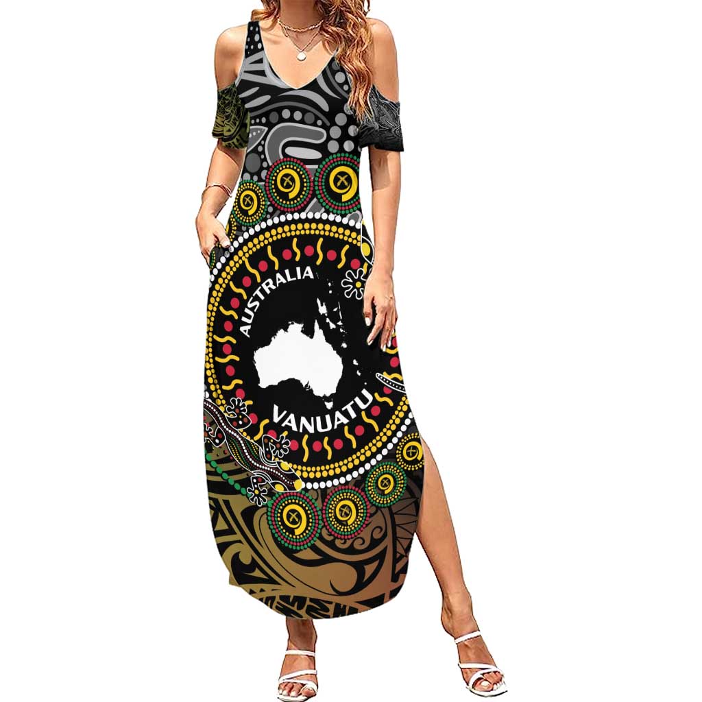 Personalised Australia And Vanuatu Summer Maxi Dress Aboriginal Lizard Polynesia Ni-Van Pig Tusk