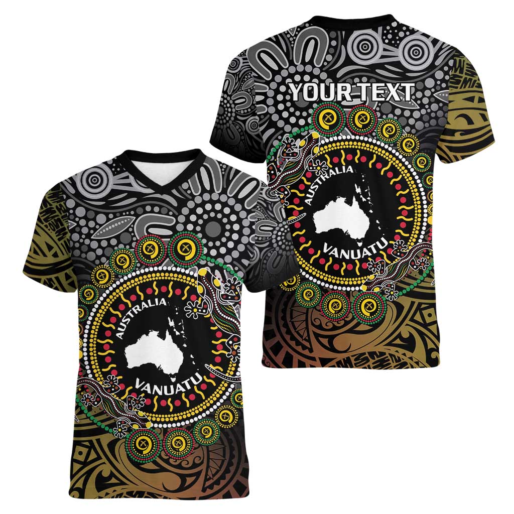 Personalised Australia And Vanuatu Women V-Neck T-Shirt Aboriginal Lizard Polynesia Ni-Van Pig Tusk