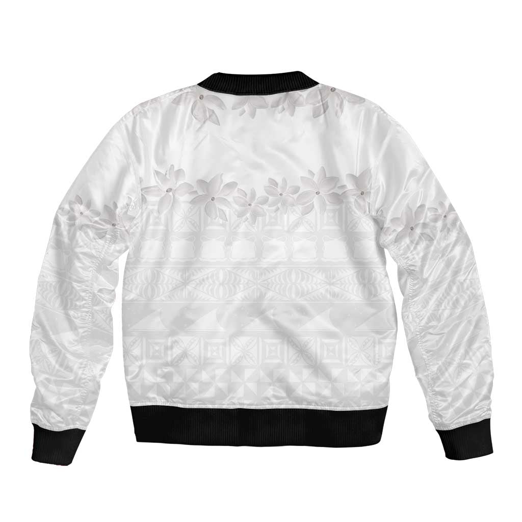 Tokelau White Sunday Bomber Jacket Polynesian Pattern Gardenia Thunbergia