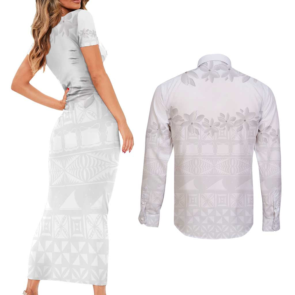 Tokelau White Sunday Couples Matching Short Sleeve Bodycon Dress and Long Sleeve Button Shirt Polynesian Pattern Gardenia Thunbergia