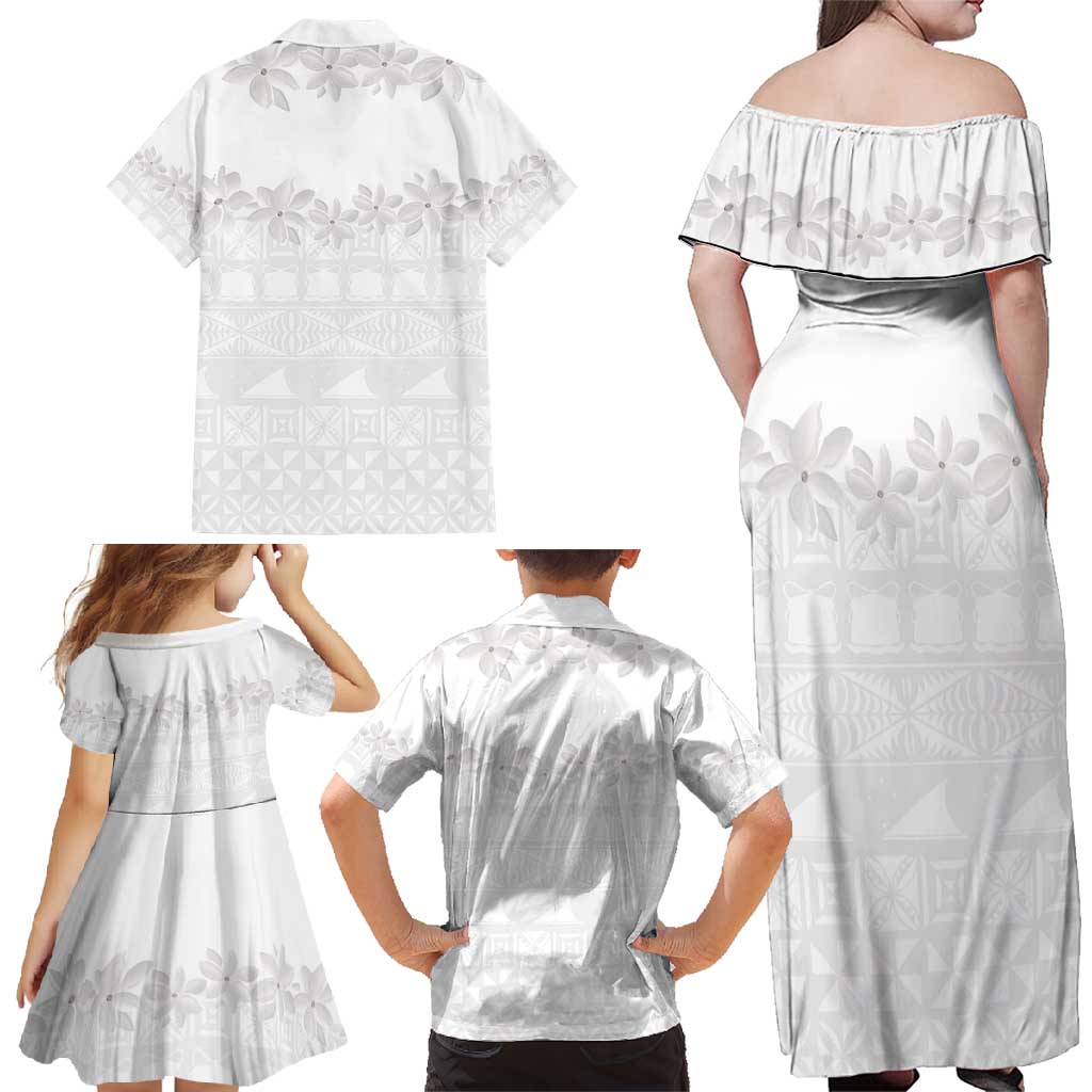 Tokelau White Sunday Family Matching Off Shoulder Maxi Dress and Hawaiian Shirt Polynesian Pattern Gardenia Thunbergia