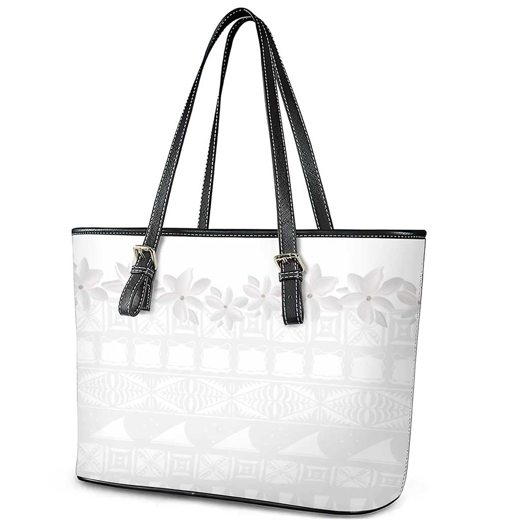 Tokelau White Sunday Leather Tote Bag Polynesian Pattern Gardenia Thunbergia