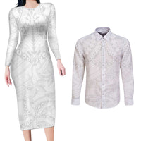 American Samoa White Sunday Couples Matching Long Sleeve Bodycon Dress and Long Sleeve Button Shirt Lotu Tamaiti Plumeria With Samoan Pattern