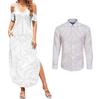 American Samoa White Sunday Couples Matching Summer Maxi Dress and Long Sleeve Button Shirt Lotu Tamaiti Plumeria With Samoan Pattern