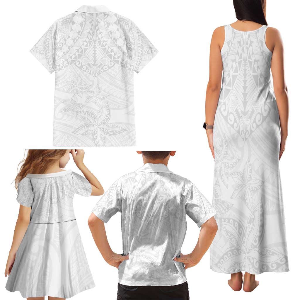 American Samoa White Sunday Family Matching Tank Maxi Dress and Hawaiian Shirt Lotu Tamaiti Plumeria With Samoan Pattern