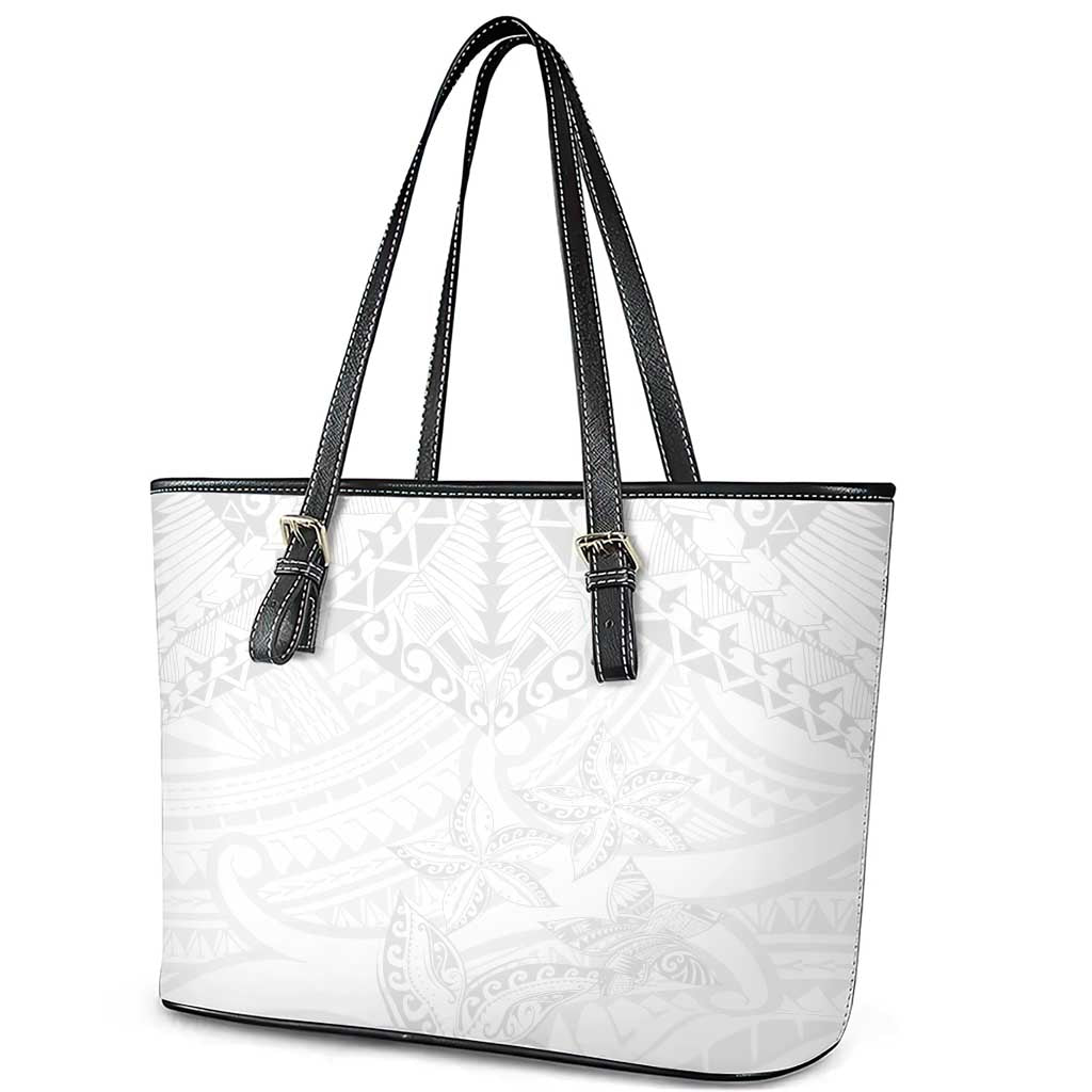 American Samoa White Sunday Leather Tote Bag Lotu Tamaiti Plumeria With Samoan Pattern