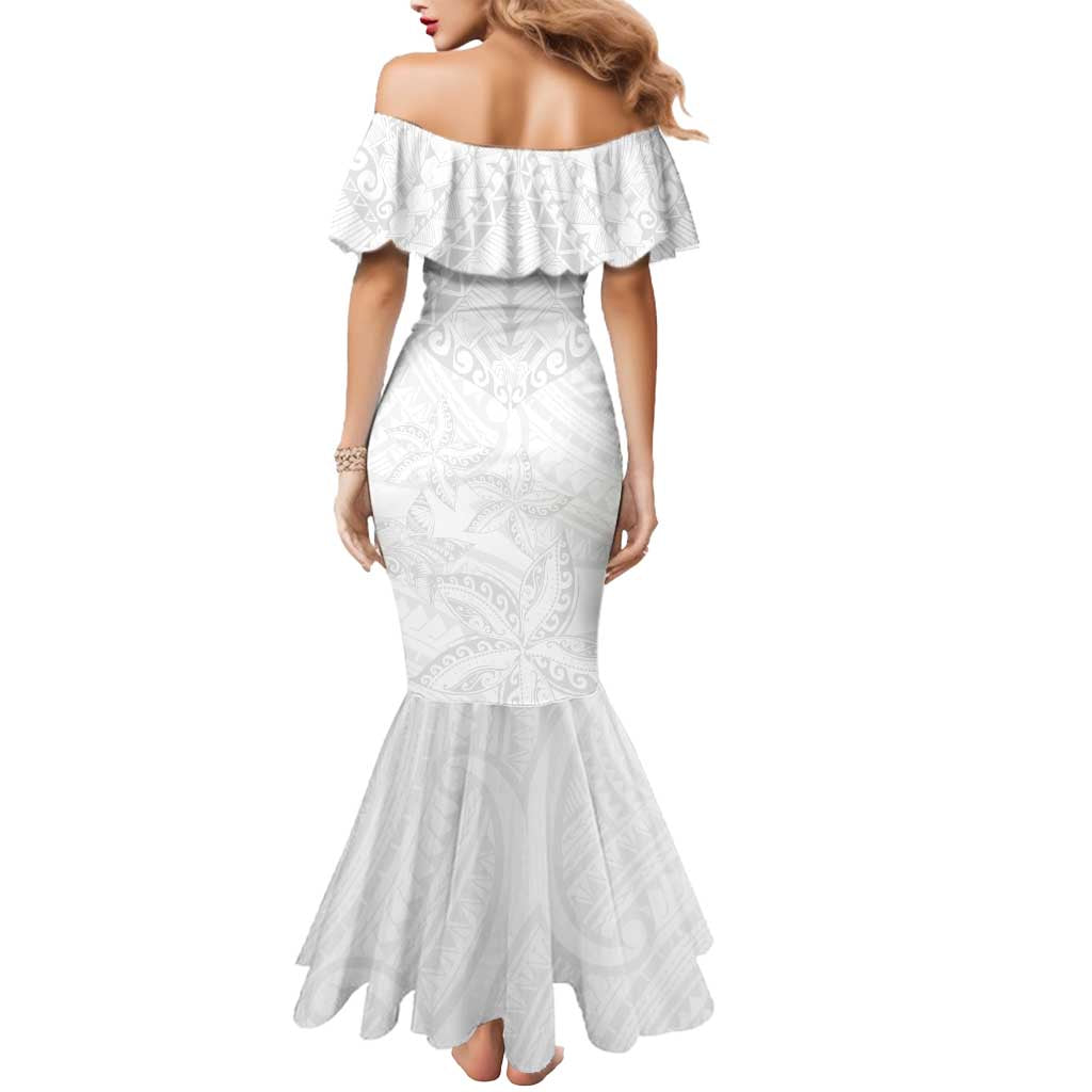American Samoa White Sunday Mermaid Dress Lotu Tamaiti Plumeria With Samoan Pattern LT14 - Polynesian Pride
