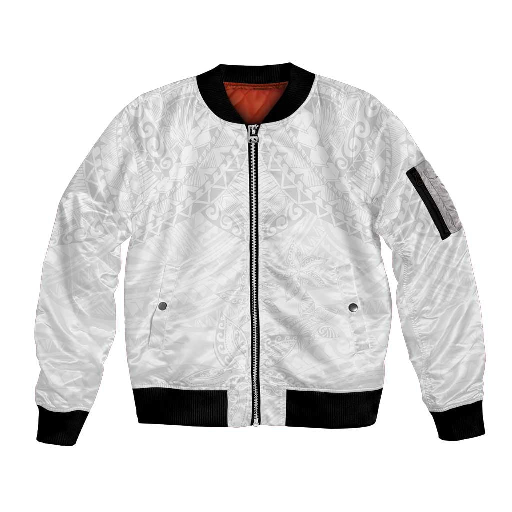 American Samoa White Sunday Sleeve Zip Bomber Jacket Lotu Tamaiti Plumeria With Samoan Pattern