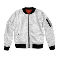 American Samoa White Sunday Sleeve Zip Bomber Jacket Lotu Tamaiti Plumeria With Samoan Pattern
