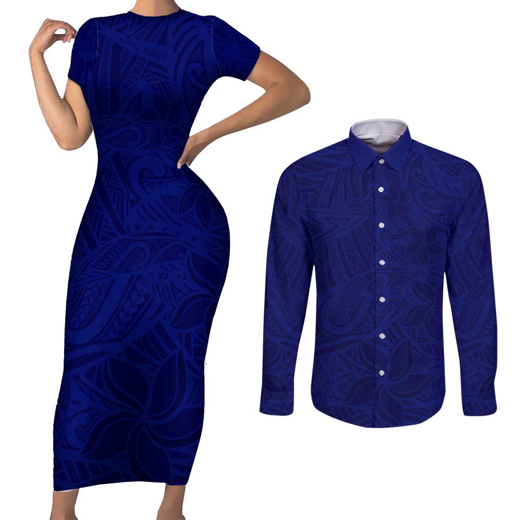 Blue Polynesia Couples Matching Short Sleeve Bodycon Dress and Long Sleeve Button Shirt Polynesian Pattern Mix Plumeria