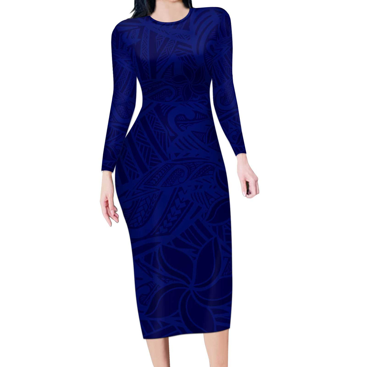 Blue Polynesia Long Sleeve Bodycon Dress Polynesian Pattern Mix Plumeria LT14 Long Dress Blue - Polynesian Pride
