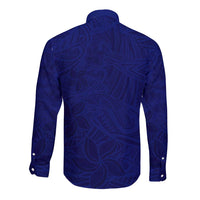 Blue Polynesia Long Sleeve Button Shirt Polynesian Pattern Mix Plumeria