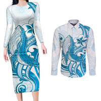 Blue Hawaii Humpback Whale Couples Matching Long Sleeve Bodycon Dress and Long Sleeve Button Shirt Polynesian Tribal Ocean Vibes