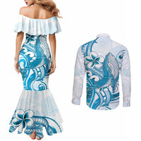 Blue Hawaii Humpback Whale Couples Matching Mermaid Dress and Long Sleeve Button Shirt Polynesian Tribal Ocean Vibes