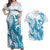 Blue Hawaii Humpback Whale Couples Matching Off Shoulder Maxi Dress and Hawaiian Shirt Polynesian Tribal Ocean Vibes