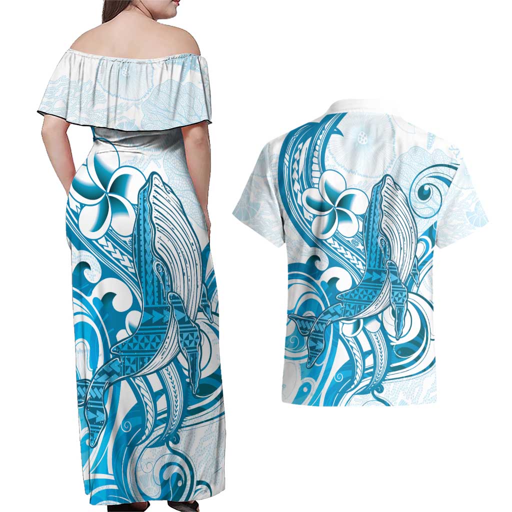 Blue Hawaii Humpback Whale Couples Matching Off Shoulder Maxi Dress and Hawaiian Shirt Polynesian Tribal Ocean Vibes