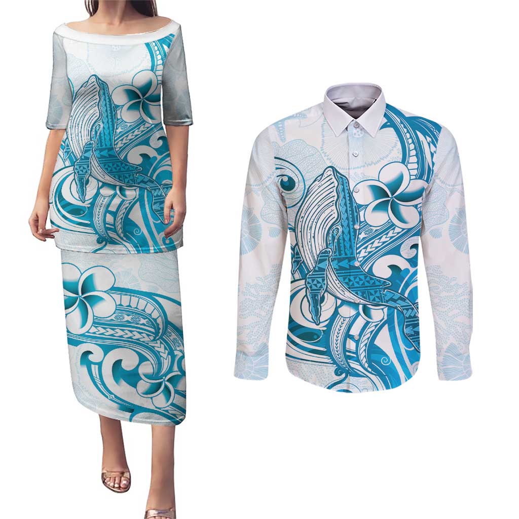Blue Hawaii Humpback Whale Couples Matching Puletasi and Long Sleeve Button Shirt Polynesian Tribal Ocean Vibes