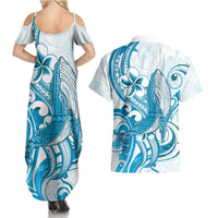 Blue Hawaii Humpback Whale Couples Matching Summer Maxi Dress and Hawaiian Shirt Polynesian Tribal Ocean Vibes